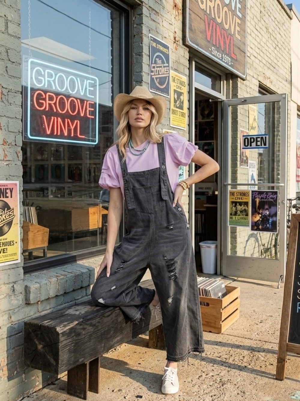 Easel Oversized Adjustable Washed Gray Distressed Denim Overalls Large
